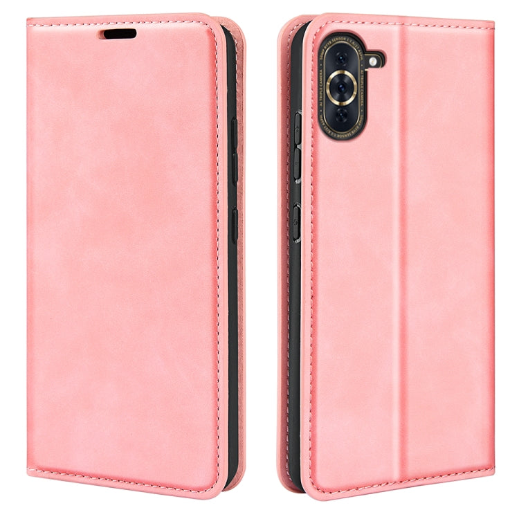 Pink magnetic leather wallet phone case with flip cover and side cutouts.