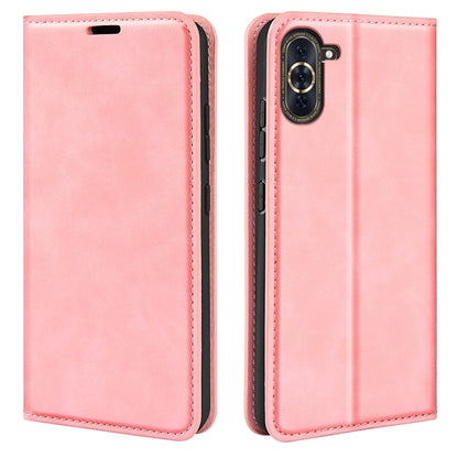 Pink magnetic leather wallet phone case with flip cover and side cutouts.