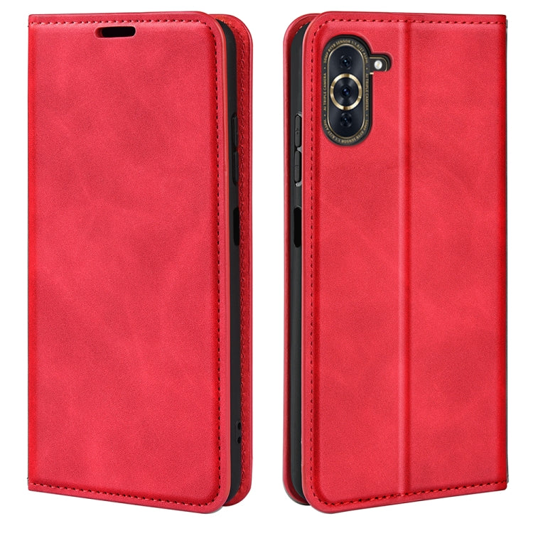 Red magnetic leather wallet phone case with flip cover and camera cutout.