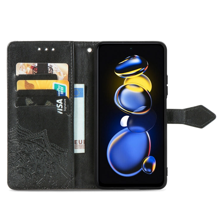 Black embossed mandala flip leather phone case open with card slots.