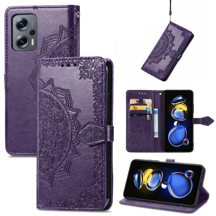 Purple mandala embossed flip leather phone case with card slots and magnetic closure