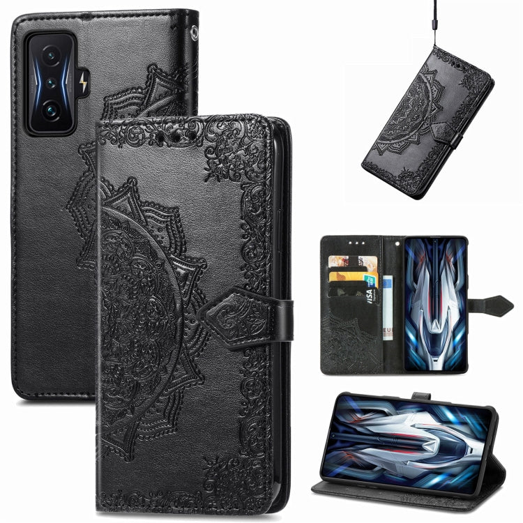 Black embossed mandala flip leather phone case with belt clip strap.