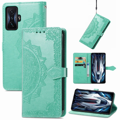 Light green embossed mandala flip leather phone case with card slot window.