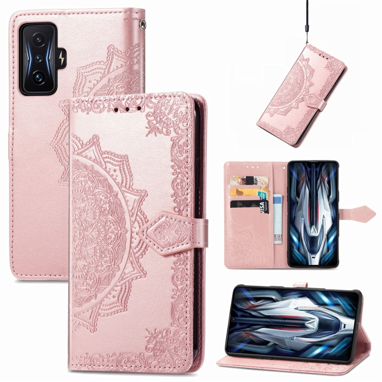 Rose pink mandala embossed flip leather phone case with card slots and magnetic closure