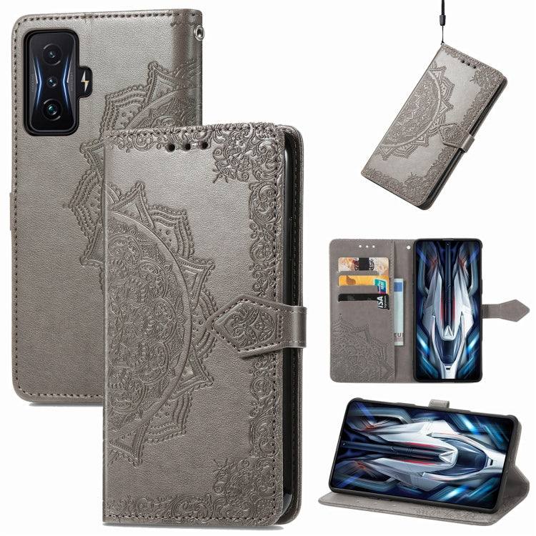 Gray mandala embossed flip leather phone case with card slots and magnetic closure