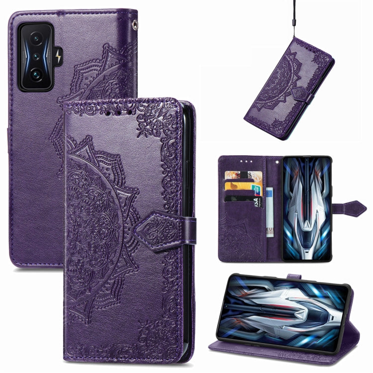 Purple mandala embossed flip leather phone case with card slots and magnetic closure