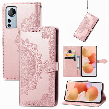 Rose pink mandala embossed flip leather phone case with card slots and magnetic closure