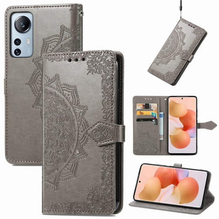 Gray mandala embossed flip leather phone case with card slots and magnetic closure