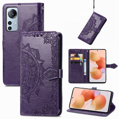 Purple mandala embossed flip leather phone case with card slots and magnetic closure