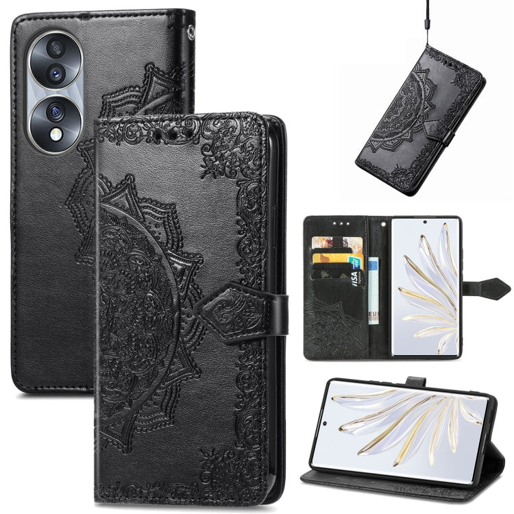 Black embossed leather flip phone case with mandala pattern, card slots and stand
