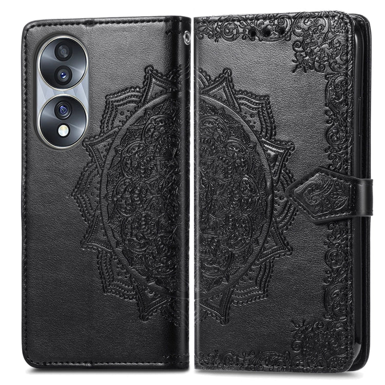Black embossed leather flip phone case with mandala pattern and magnetic closure