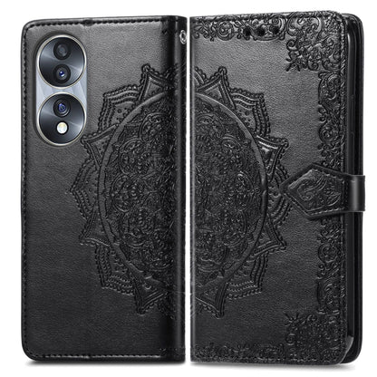 Black embossed leather flip phone case with mandala pattern and magnetic closure
