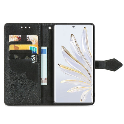 Black leather flip phone case with mandala embossing, inner card pocket and screen cover