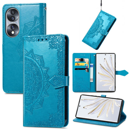 Blue embossed leather flip phone case with mandala pattern, card slots and folio cover