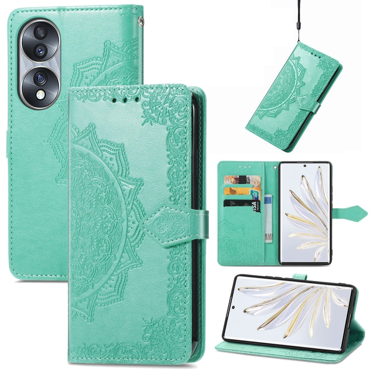Green embossed leather flip phone case with mandala pattern and magnetic flip cover