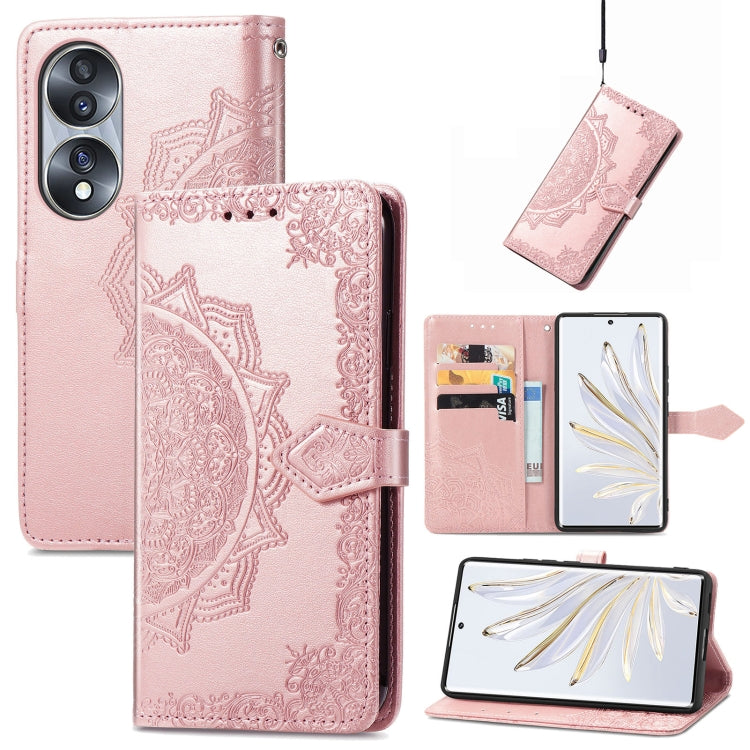 Rose embossed leather flip phone case with mandala pattern, card pocket and folio flap