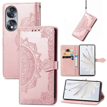 Rose embossed leather flip phone case with mandala pattern, card pocket and folio flap