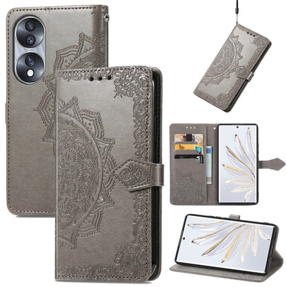 Gray embossed leather flip phone case with mandala pattern, inner card pocket and stand