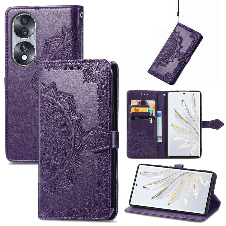 Purple embossed leather flip phone case with mandala pattern, card slots and folio stand
