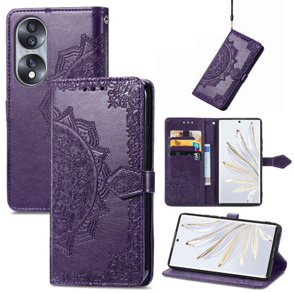 Purple embossed leather flip phone case with mandala pattern, card slots and folio stand