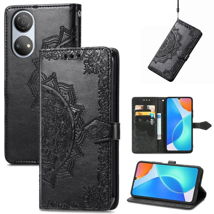 Black embossed leather flip phone case with mandala pattern, card slots and stand