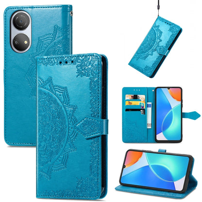 Mandala embossed leather flip phone case, blue with card slot and magnetic strap