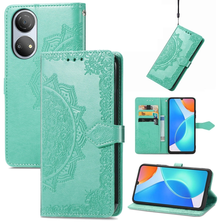 Mandala embossed leather flip phone case, mint green with card slot and magnetic strap