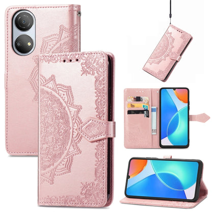 Mandala embossed leather flip phone case, rose pink with card slot and magnetic strap