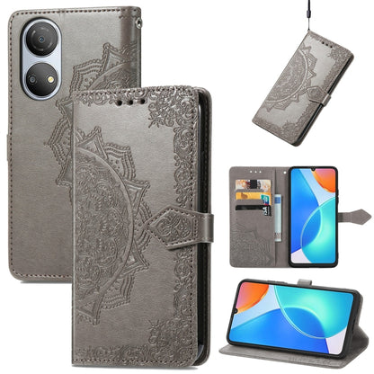 Mandala embossed leather flip phone case, gray with card slot and magnetic strap