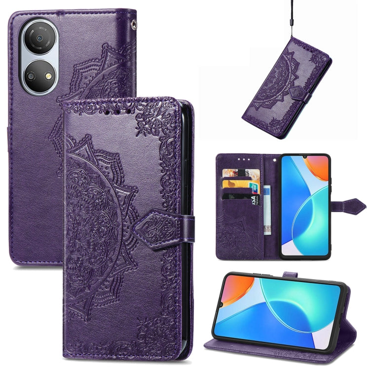 Mandala embossed leather flip phone case, purple with card slot and magnetic strap