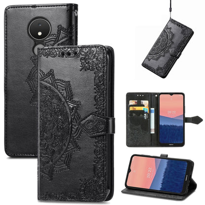 Mandala embossed leather flip phone case, black with card slot and magnetic strap