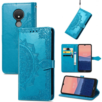 Mandala embossed leather flip phone case, blue with card slot and magnetic strap