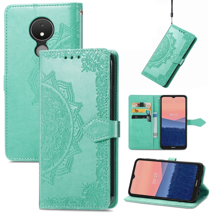 Mandala embossed leather flip phone case, mint green with card slot and magnetic strap