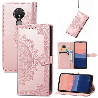 Mandala embossed leather flip phone case, rose pink with card slot and magnetic strap