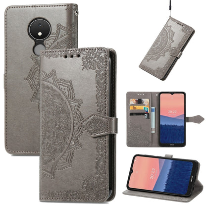 Mandala embossed leather flip phone case, gray with card slot and magnetic strap
