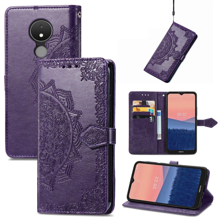 Purple mandala embossed flip leather phone case with magnetic closure and card slots