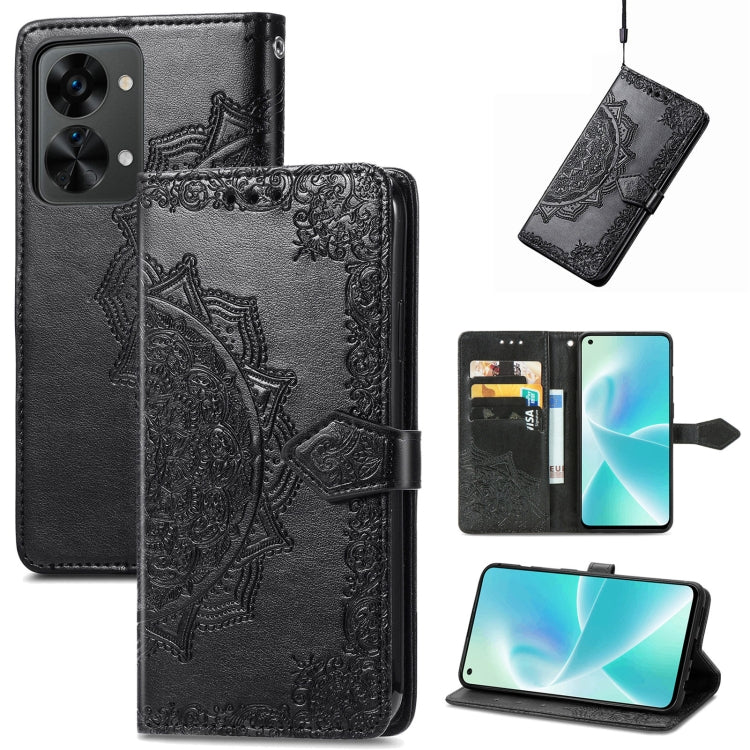 Black mandala embossed flip leather phone case with magnetic strap and card slots
