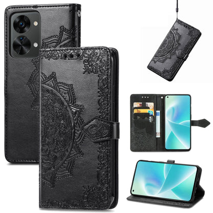 Black mandala embossed flip leather phone case with magnetic strap and card slots