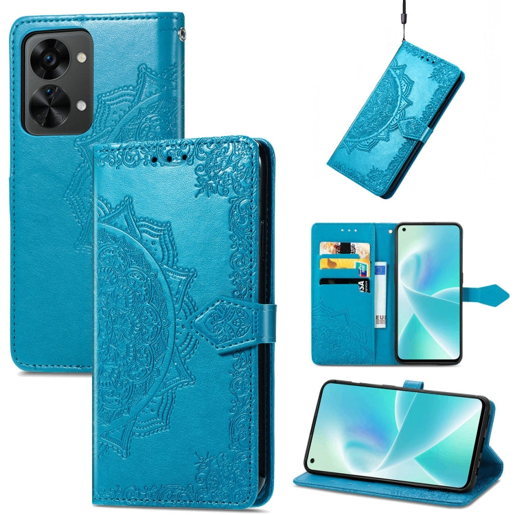 Blue mandala embossed flip leather phone case with magnetic closure and card slots