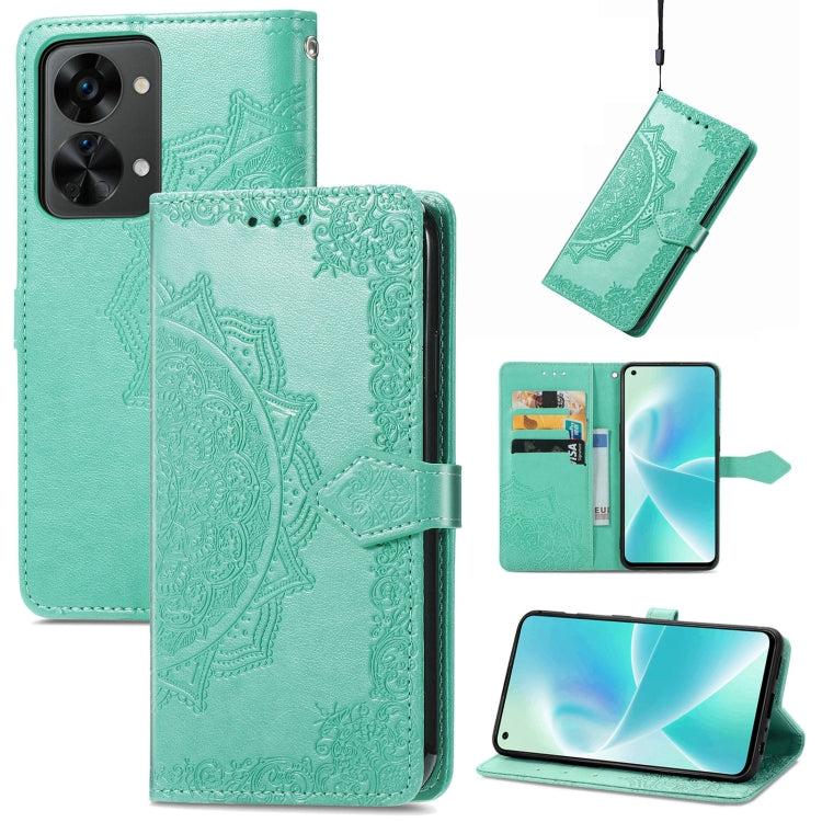 Teal mandala embossed flip leather phone case with magnetic strap and card slots