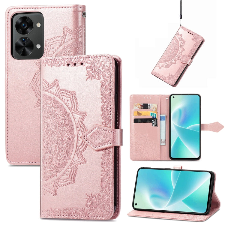 Rose pink mandala embossed flip leather phone case with magnetic closure and card slots
