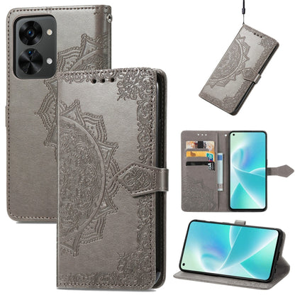Gray mandala embossed flip leather phone case with magnetic closure and card slots