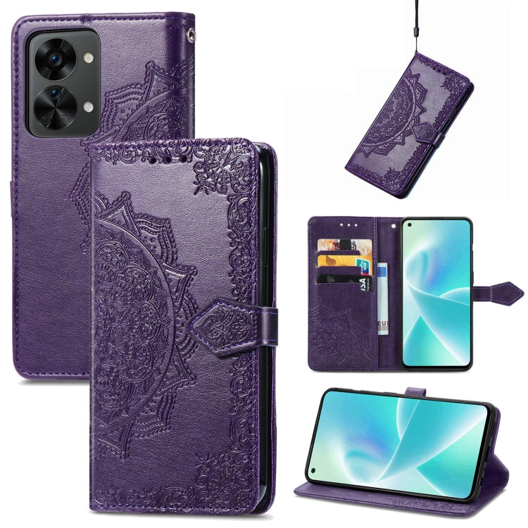 Purple mandala embossed flip leather phone case with magnetic strap and card slots