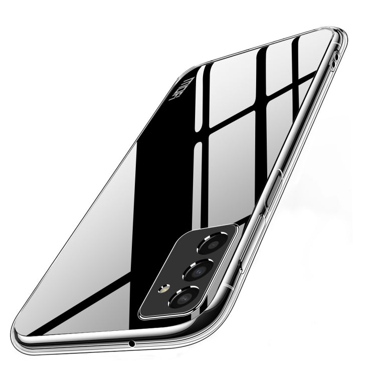 Clear TPU phone case with glossy frame, camera cutout, and side button openings