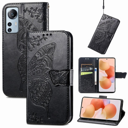 Black embossed leather flip phone case with butterfly and flower pattern, card slot