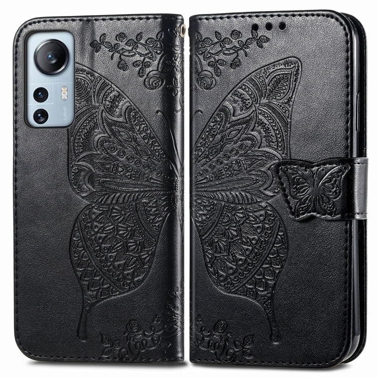 Black embossed leather wallet flip case with butterfly flower design and magnetic strap