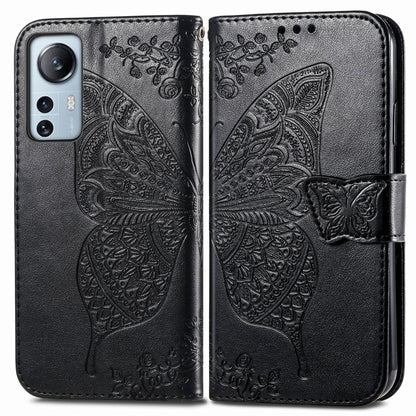 Black embossed leather wallet flip case with butterfly flower design and magnetic strap