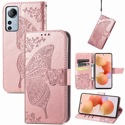 Rose gold embossed leather flip phone case with butterfly flower pattern and card slots