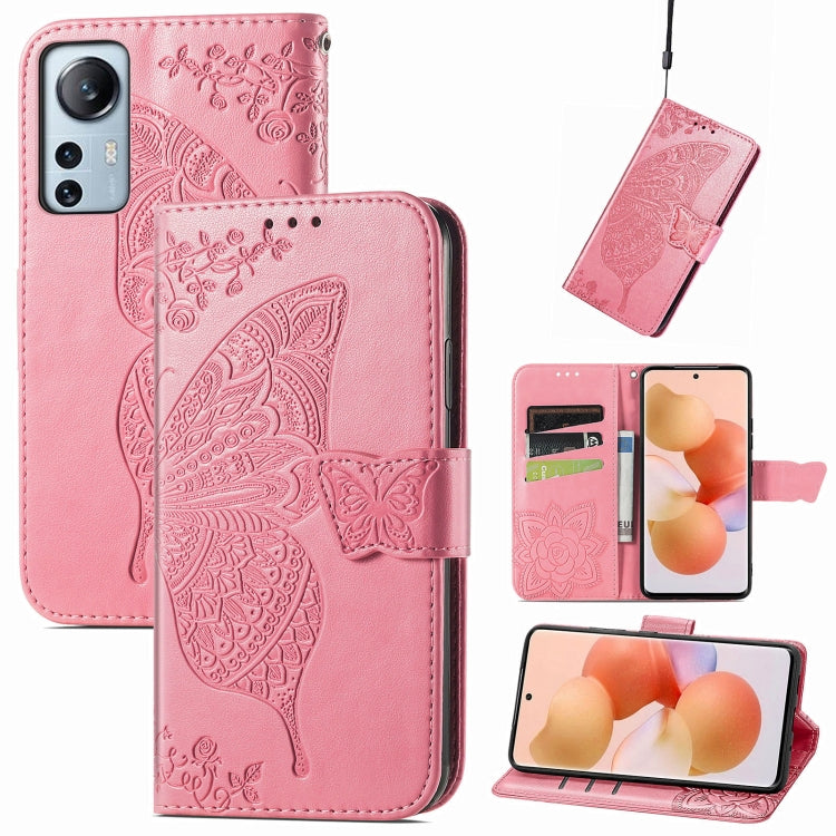 Pink embossed leather flip phone case with butterfly flower design and card pocket