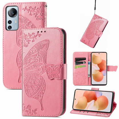 Pink embossed leather flip phone case with butterfly flower design and card pocket